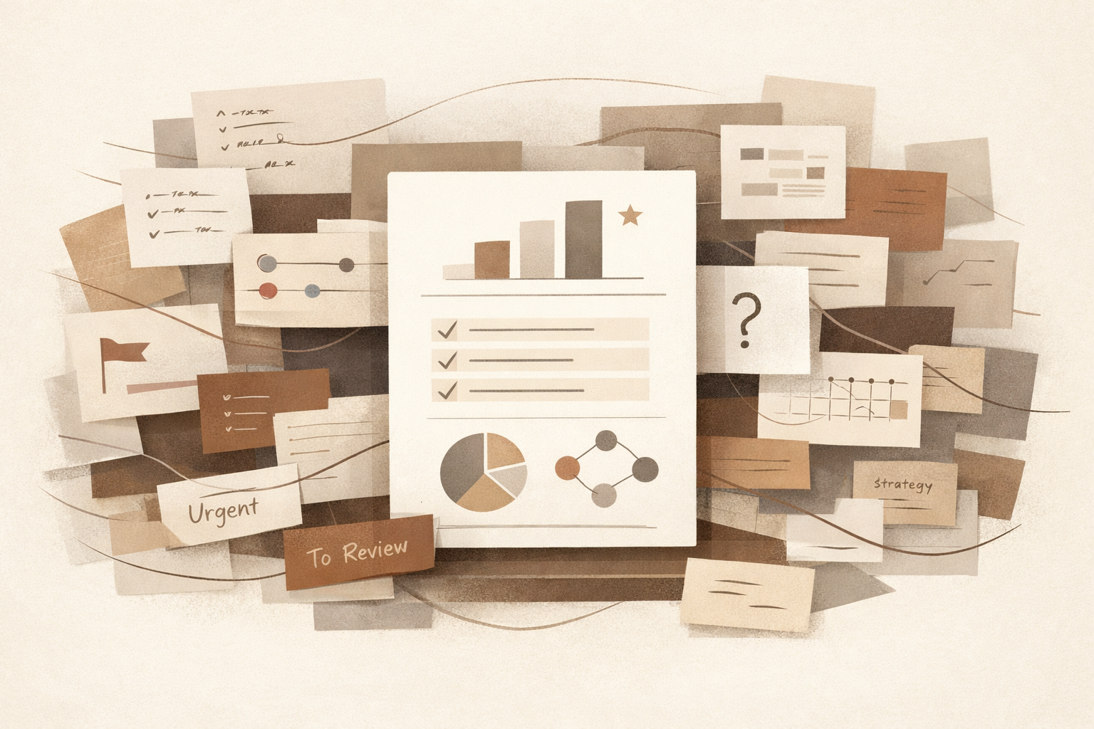 Warm editorial illustration representing executive support, scattered priorities, and greater operational clarity.